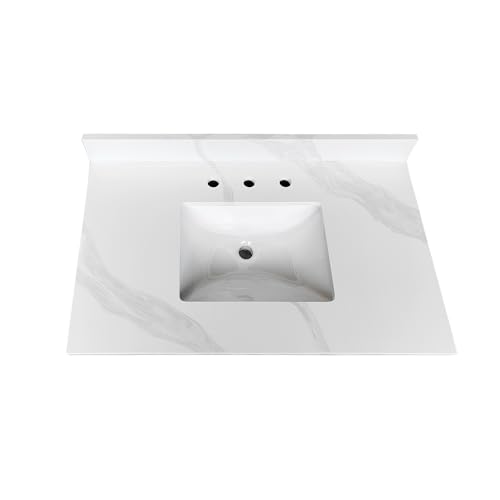 Montary 37" Quartz Bathroom Vanity Top with Undermounted Ceramic Sink & 4 Inch High Backsplash, 3/4" Thick Quartz Stone Vanity Sink Tops with 3 Pre-Drilled Holes, Calacatta White