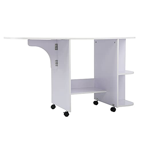 Sardoxx Foldable Sewing Table, Versatile Rolling Expanded Sewing Machine Table With Storage Shelves Cabinet Shelves, Lockable Casters, White #TOP28