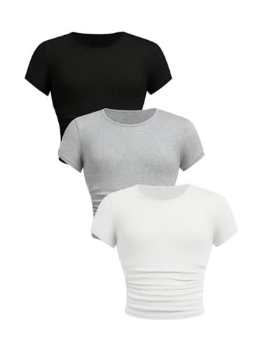 Floerns Girl's 3 Piece Short Sleeve T Shirts Ruched Crew Neck Basic Tee Tops