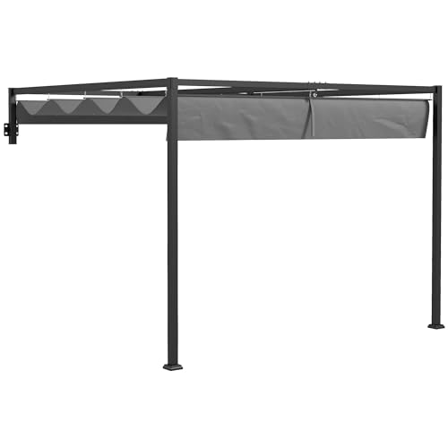 Outsunny Pérgola cenador de 3 x 4 m con Techo retráctil y Orificios de Drenaje, pérgola de jardín de Acero y poliéster con piquetas y Tornillos, Gris Oscuro