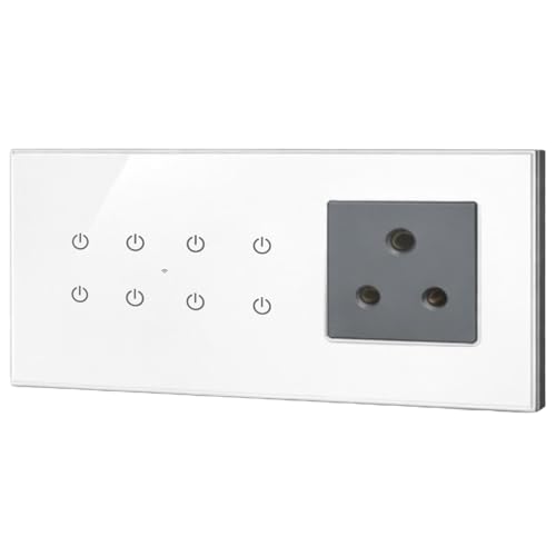 Image of Smarteefi WiFi Glass Touch Smart Switch Board| Toughened Glass | 8 Ports (7 Switch + 1 Socket), Guaranteed Schedules| Compatible with Alexa, Google Home (White, TS81-6M-220mmx90mmx40mm)