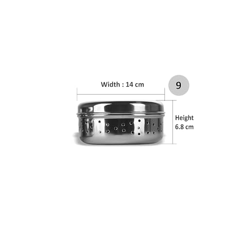 Image of Stainless Steel Green Coriander Storage Box Curry Leaves Box Set, Sprouts with air Ventilation Food containers Silver Dabba Flat Box Steel Dabba (Dhaniya 800 ML)