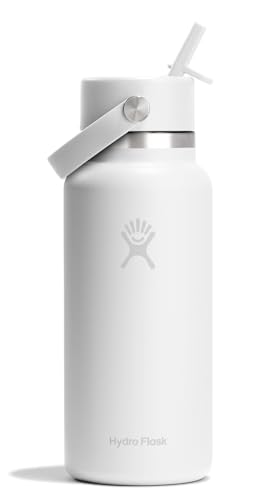 Image of Hydro Flask Water Bottle - Insulated Stainless Steel - Wide Mouth Flex Straw Lid, Non Spill, Leakproof and Refillable in 32 Oz Tonal White