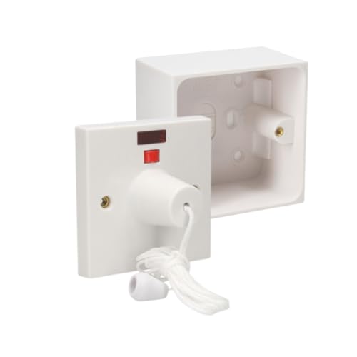 AXIOM 45A 2 Way Shower Ceiling Pull Cord Switch with Mechanical & Neon Indicator & 35mm/45mm Mounted Surface Pattress Back Box (With 45mm Pattress Box)