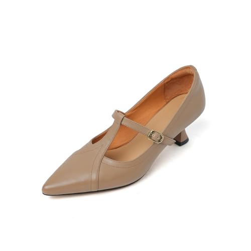 TinaCus Women's Genuine Leather Pointed Toe Handmade Dressy T-Strap Casual Pumps
