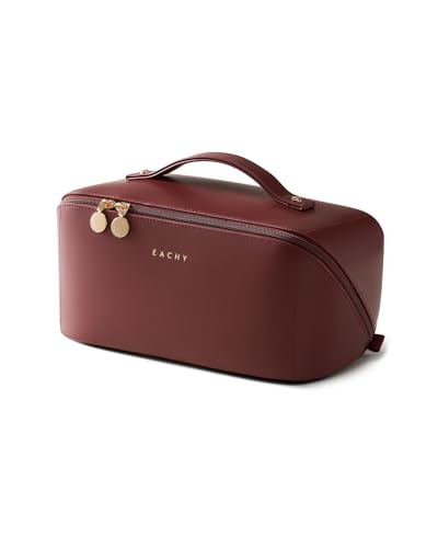 Image of EACHY Travel Makeup Bag, Large Capacity Cosmetic Bag for Women, Waterproof PU Leather, Flat Open Portable Toiletry Bag for Skincare, Brushes & Travel Essentials