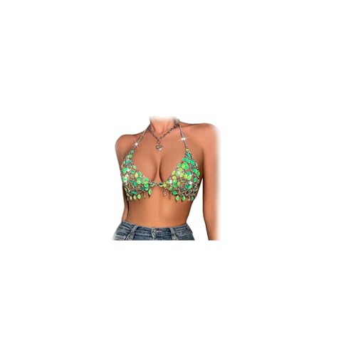 Summer Beach Sequin Backless Crop Tank Tops for Women Sexy Sparkly Hollow Out Outfit Glitter Bra Tops Festival Rave Body Chain Jewelry (Green)