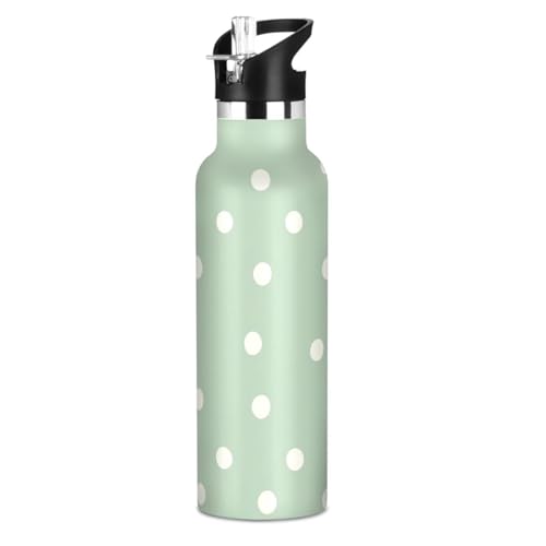 Botella de agua aislada a prueba de fugas, verde claro con puntos blancos, sin BPA, con popotes, a prueba de fugas, mantiene el calor y el frío, para niños y niñas