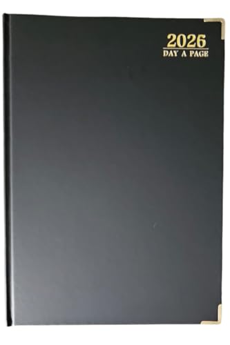 EJRange 2026 A4 Day Per Page Diary – Half-Hourly Appointment Book with Times, Day-to-View Planner, PU Leather Padded Hardback, Ribbon Marker – Black & Gold