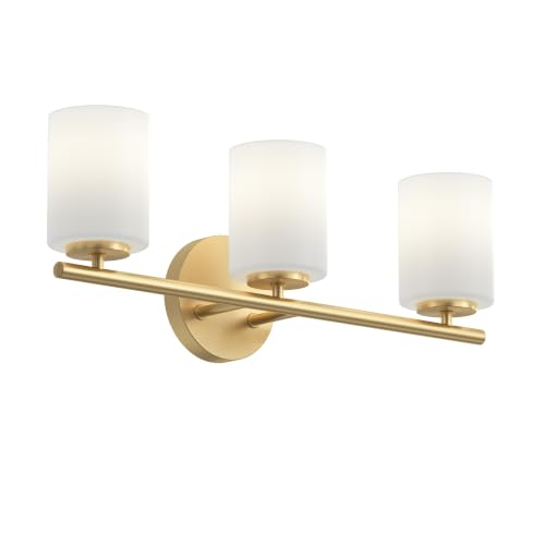 Image of Progress Lighting Replay 22 Inch 3-Light Vanity Light, Transitional, Brushed Gold with Etched Glass Shades, (7.875 inch H x 22 inch W x 6 inch D), P2159-191