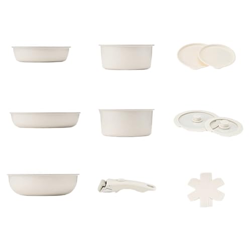 Vlfn 取っ手が取れる鍋 フライパン セット 11点/15点セット IH対応 6層ダイヤモンドコート 焦げ付かないフライパン オーブン可能 コンパクト収納 調理器具 セット ガスコンロ/電磁調理器 一人暮らし ファミリー (取り外し可能15点セット-ホワ