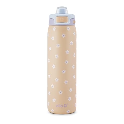 Ello Pop & Fill 22oz Stainless Steel Water Bottle with Quick Fill Technology, Double Walled and Vacuum Insulated Metal, Leak Proof Locking Lid, Sip and Chug, Reusable, BPA Free, Gloss Daisies