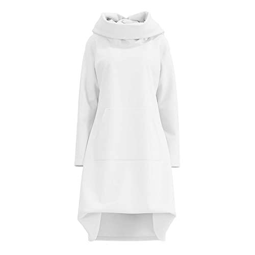 Long Dress, Valentines Day Dress Holiday Dresses For Women Women's Long Sleeve Solid Color Sport Turtleneck Hooded Pocket Pullover Dress Womens Dress Tunics Round Neck Mini Dress (White,Large) #TOP1
