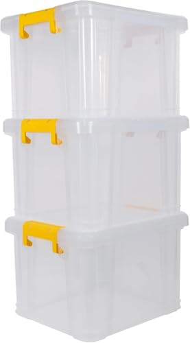 Strata Stack Master Storage Box 35 Litre Durable Plastic Design Stackable & Lockable handle in yellow, Ideal for Home & Office Organization 31 H x 38.5 W x 46.5 L (Set of 3)