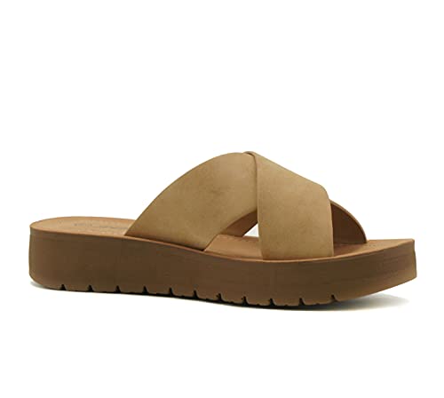 Soda Lucy ~ Women Open Toe Flatform Platform Crisscross Band Upper Fashion Slide Sandals (Camel, Numeric_7_Point_5) #TOP1