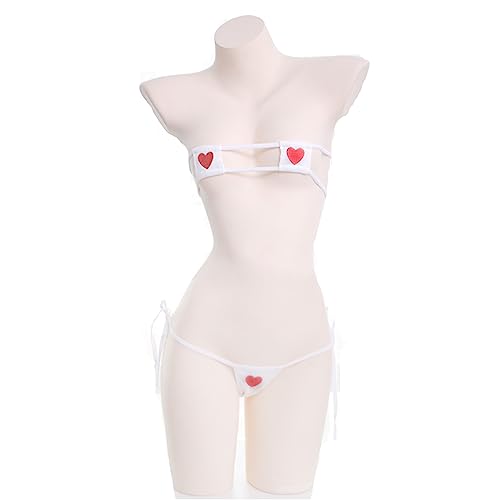Biquíni feminino Kawaii coração bordado bandeau minúsculo cordão deslizante tanga lateral anime cosp