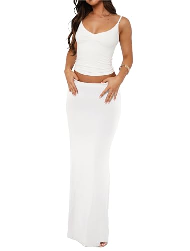 Image of Two Piece Skirt Set for Women - Sexy Sleeveless Spaghetti Strap Pleated Tank Top Maxi Long Skirts Sets