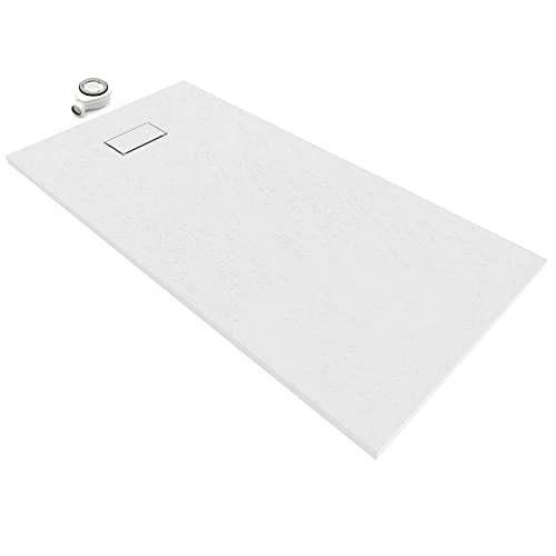 Plato de Ducha 160X80 cm Blanco RAL 9016 RESINA SMC Extraplano - Antideslizante TEXTURA PIZARRA - Resistente Duradero Fácil Limpiar - Incluye Válvula desagüe + Rejilla