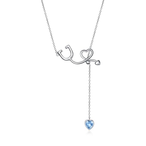 AOBOCO Collar de plata de ley 925 con colgante de estetoscopio en forma de Y Regalo de enfermera para doctoras enfermeras y estudiantes de medicina Piedra natal de marzo