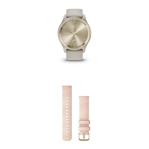 Garmin vívomove Trend, Stylish Hybrid Smartwatch with up to 5 days battery life, French Grey & Quick Release Band (20 mm) - Blush Pink with Light Gold
