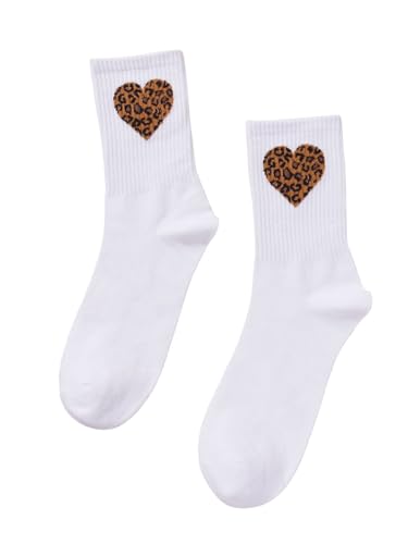 Verdusa Women's Heart Leopard Print Crew Socks Casual Mid Calf Socks