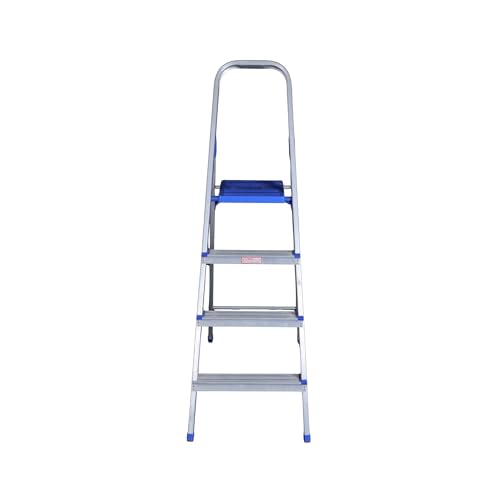 Image of Aluminium Foldable 4 Step Ladder | Firm Grip | 4 Steps (Aluminium Steps, Blue & Satin)