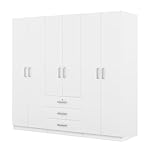 Merax Large White 6 Doors Wooden Wardrobe, Bedroom Tall Armoire Closet Organizer with Big Drawers, Hanging Rails and Shelves, Clothes Storage Cabinet for Garage & Laundry Room, White - Image 5