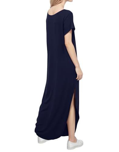 Image of Match Women's V-Neck Casual Loose Short Sleeve Long T-Shirt Dress Split Maxi Dress with Side Pocket