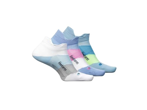 Image of Feetures, Unisex, Elite Ultra Light No Show Tab 3-Pair Pack, White Sky /Cosmic Purple /Blue Crystal, Medium (US Men's Shoe 6-8.5, Women's Shoe 7-9.5)