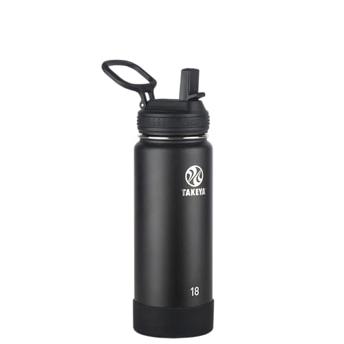 Image of Takeya 18 oz Actives Stainless Steel Water Bottle with Straw Lid - Leakproof, Double-Wall Insulated, Keeps Drinks Cold 24 hrs /Hot 12 hrs, BPA-Free, Powder-Coated, Gym & Travel, Onyx