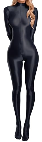 Womens Oil Glossy Shiny Jumpsuit Metallic Stretchy Full Bodysuit Funny Sheer Nylon Cosplay Catsuit Bodysuit Romper for Ladies Party Black