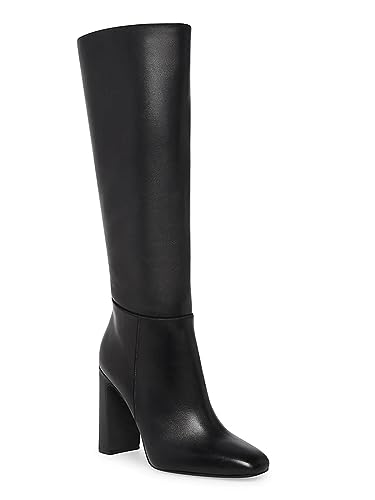 Coutgo Women's Chunky Heeled Knee High Boots Classic Leather Square Toe Zippered Tall Boot