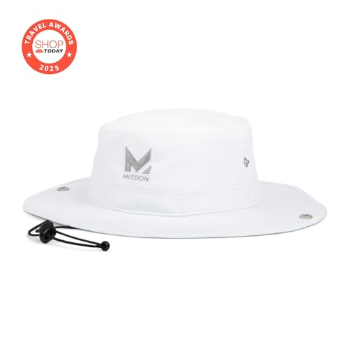 MISSION Cooling UPF Bucket Hat - Unisex Sun Hat for Hiking, Golfing & Fishing - Sweat & Water Activated Technology (White), White, One size