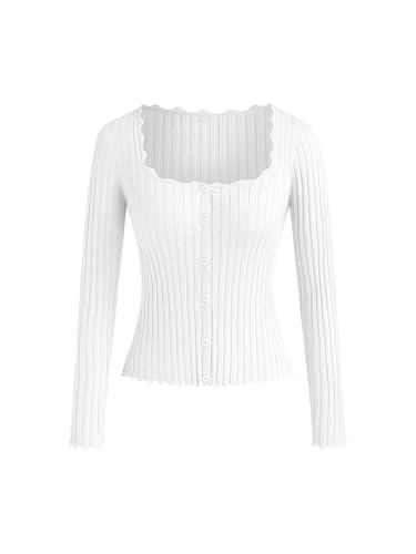 Image of CIDER Women's Ribbed Knit Crop Cardigan Long Sleeve Square Neck Button Down Shirts Slim it Tops