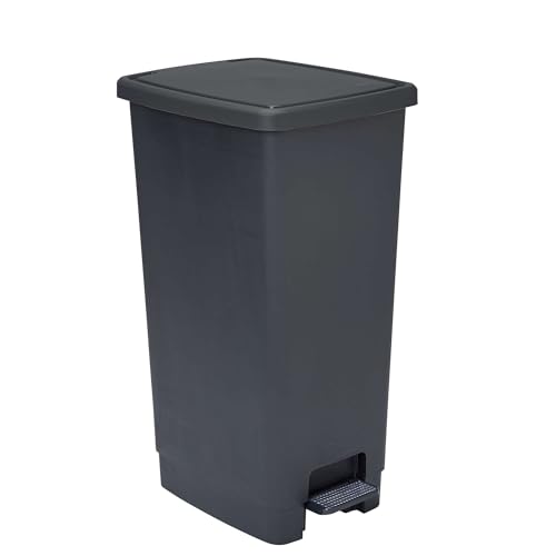 SUNDIS Flat Bin, poubelle à pédale 40 L, rectangulaire, en plastique recyclé, avec anses pour accrocher et cacher le sac, noir et anthracite, pour cuisine, bureau,...