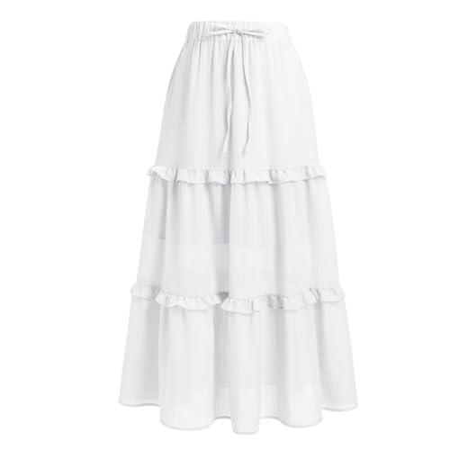 Women Boho Summer Skirt A Line Elastic High Waist Tiered Pleated Skirts Casual Flowy Swing Beach Skirts Solid Color Ruffle Maxi Long Dress for Holiday White S