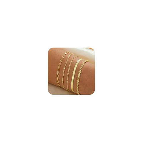 Gold Bracelets for Women ，Waterproof 14k Gold/Silver Plated Stackable Bracelet Set Non Tarnish Trendy Gold Jewelry Dainty Layered Figaro Rope Beads Paperclip Thin Link Chain Gifts for women