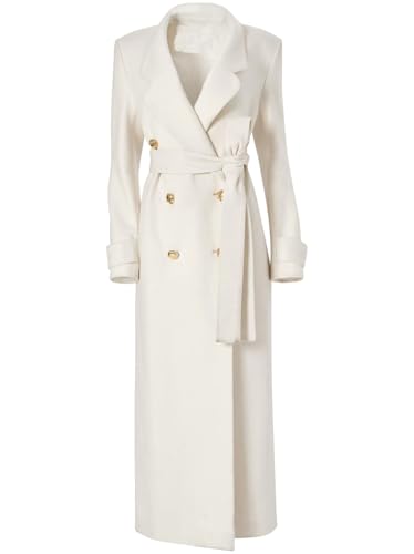 YuanDiann Damen Herbst Winter Kaschmirimitat Langmantel Elegante Zweireihige Revers Schnüren Trenchcoat Rückenschlitz Warm Lange Mäntel Parka Weiß S