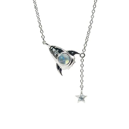 Collier argenté petit spaceship et pierre de lune idée cadeau idéal
