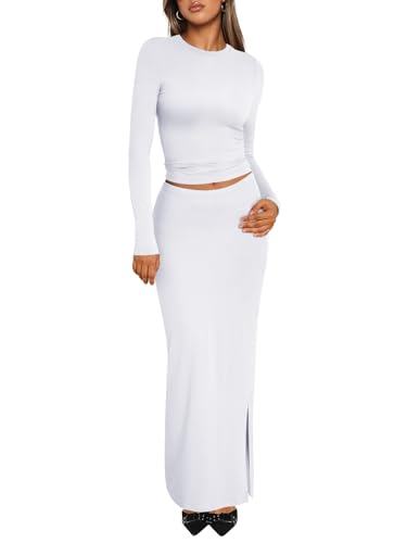Trendy Queen 2 Piece Skirts Sets for Women Long Sleeve Crew Neck Crop Tops Bodycon Maxi Matching Clothes White L