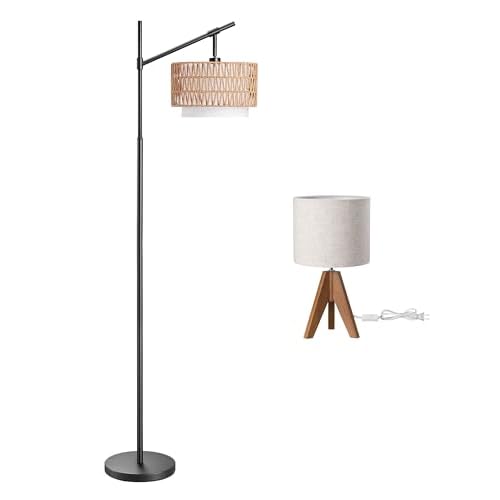 EDISHINE Arc Dimmable Floor Lamp with Rattan & Fabric Shades, 5 Color Temperatures, Tripod Table Lamp