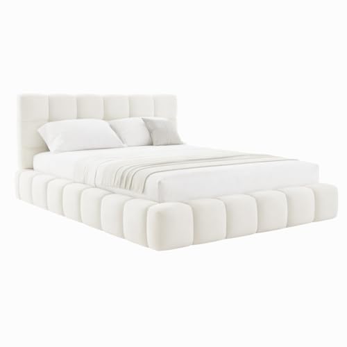 Image of Luxury Boucle Fabric Upholstered Bed Frame with 40-Inch Headboard, Slatted Base, Modern Style – Double & King Size (Teddy ivory white, 4FT6 Double)