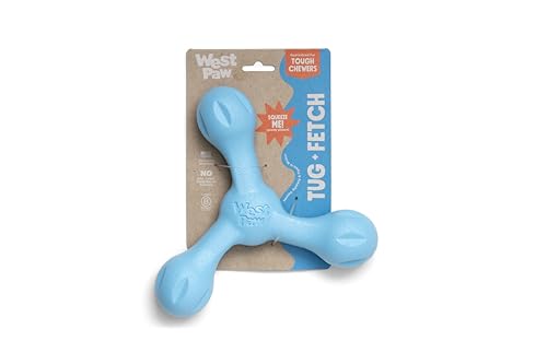 WEST PAW Zogoflex Air Skamp Tug-of-War Stick Dog Chew Toy – Hollow, Squishy Interactive Toy for Dogs, Puppies – for Chewing, Catch, Carry, Fetch, Dishwasher Safe, Latex-Free, Large 8.5', Aqua Blue