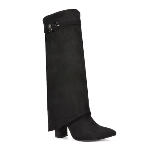 ESSEX GLAM Womens Fold Over Knee High Boots Ladies Black Faux Suede Pointed Toe Buckle Block Heel Size 4