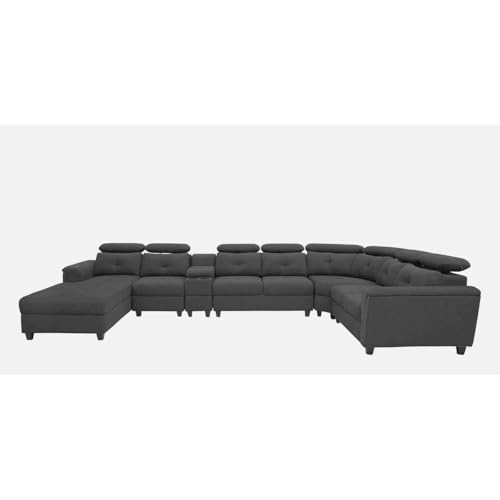 Image of Mishel 12 Seater Sofa Set for Living Room | Sectional U Shaped 12 Seater Sofa with Storage & Cupholder (Dark Grey Fabric, LHS)