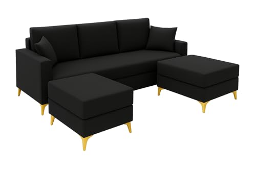 Image of SOCOZI Bravelle 5 Seater L Shape Sofa Set with 2 Movable Ottomans | Flexible Layout| Soft Velvet Suede Fabric|Modern Sofa | Plush Comfort Cushions for Living Room (Black)