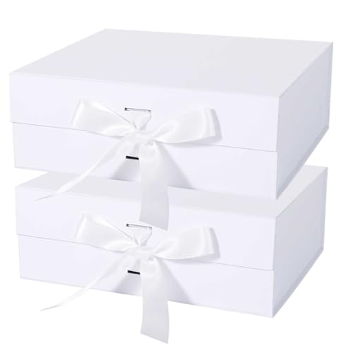 LFBOX White Gift Box with Ribbon Magnetic Lids 10.2x9x3.74 in Christmas Gift Boxes Bridesmaid Groomsman Proposal Boxes Wedding Storage Box 2 Pack