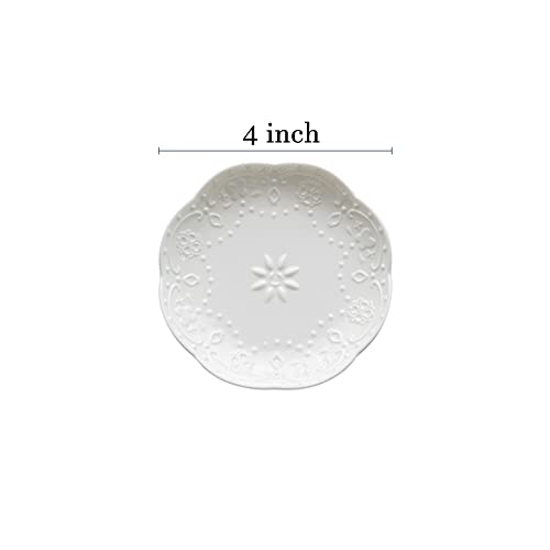 Sizikato 4Pcs White Porcelain Appetizer Plate, 4-Inch Sauce Plate, Lace Embossed #TOP5