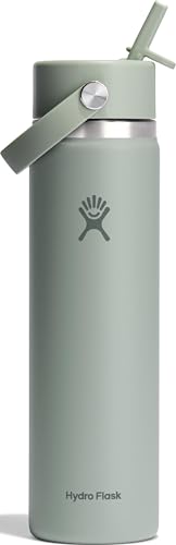 Hydro Flask Water Bottle - Insulated Stainless Steel - Wide Mouth Flex Straw Lid, Non Spill, Leakproof and Refillable in 24 Oz Tonal Agave
