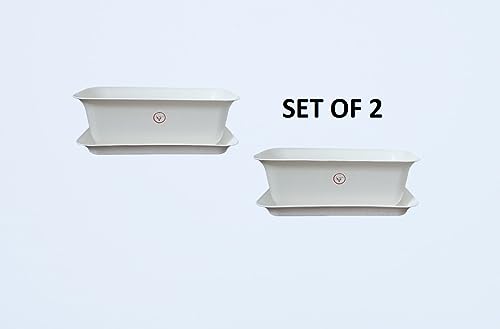 VINSHRA Rectangular Plastic Flower Pots with Bottom Tray, White, 20 Inch, 2 Pieces Window Planter, Make Garden, Vegetables, Flowers, Fruits Gardening Pot,Gamla, Indoor/Outdoor Pots for Balcony, Lightweight, Weather Uv Resistant, Durable